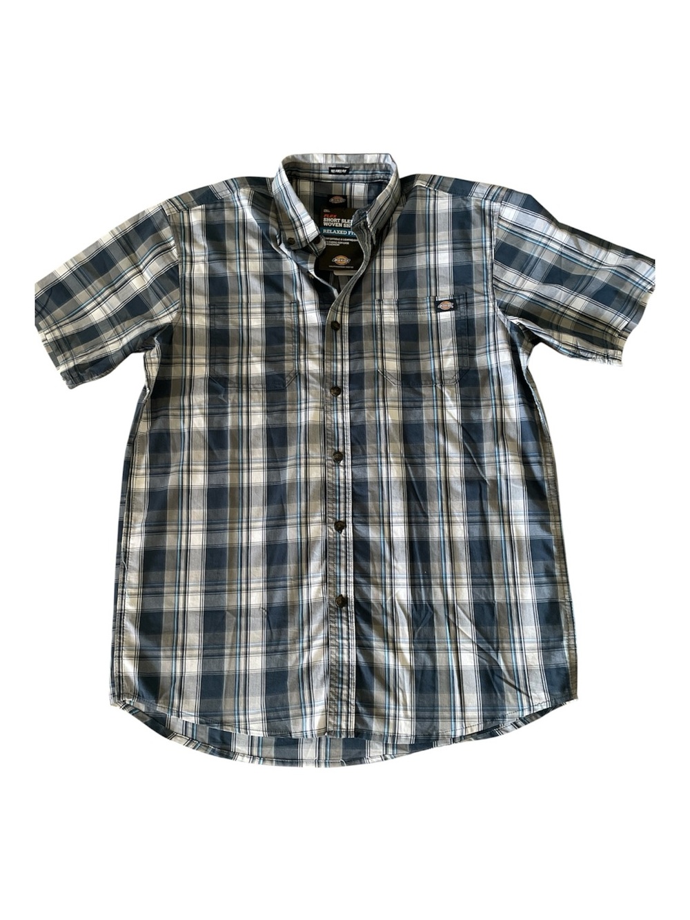 Dickies Short Sleeve Plaid Button-Down Shirt in Blue and White